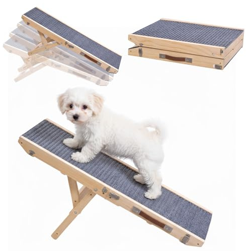 Caossuixin Hundramp i trä, Hundtrappa med 4 trappsteg Justerbar från 24,5 cm till 45 cm, Hundramp med antiskiddynor för soffa, bil, säng, Vikbara hundramper för