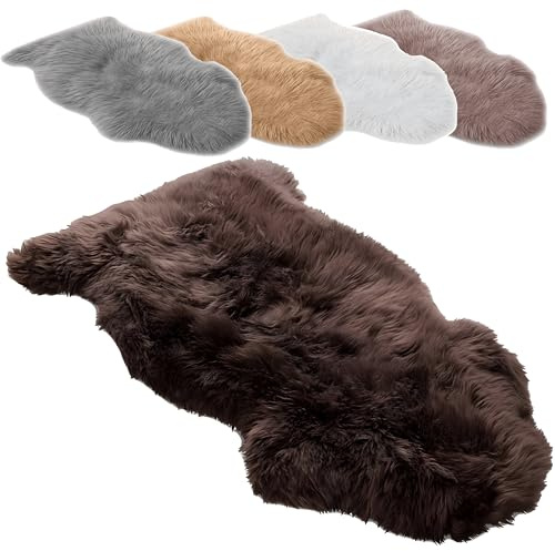 Premium Schaffell Teppich Echtes Lammfell 100% Naturfell Weicher Sheepskin Teppich, Flauschiger Schafspelz als Bettvorleger, Sitzfell Deko Fell für Sofa & Wohnzimmer (Braun, XL: 110 bis 120cm)