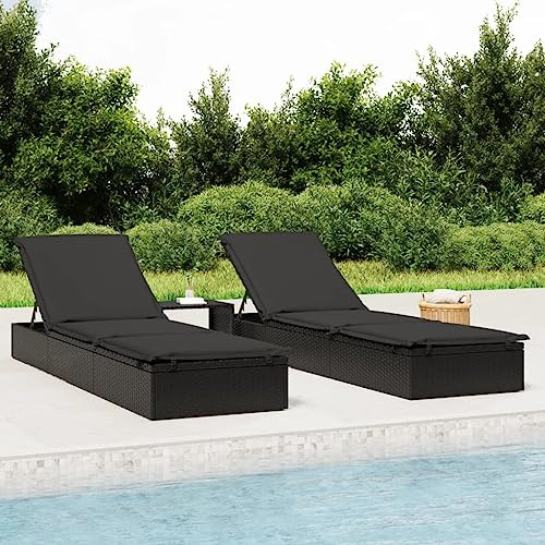 Mokuyary Juego de 1 tumbona con mesa de poliratán negro, tumbona de playa con ambos lados ajustable para jardín, balcón, terraza, camping, playa, piscina