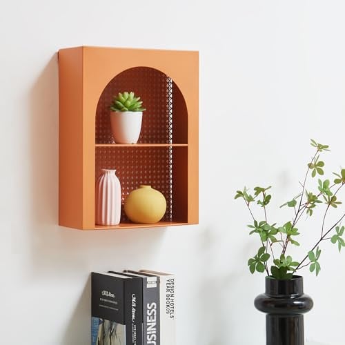 [en.casa] Wandregal Jäller Hängeregal Schweberegal offen Wohnzimmer Schlafzimmer Wandboard mit Rückwand in Rattanoptik 40 x 30 x 13 cm Metall Orange