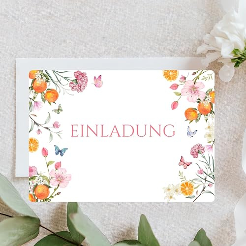 Lilly Braun Einladungskarten Set Sommer Blumen Aquarell – 10 Karten mit Umschlägen – Geburtstag, Gartenparty, Hochzeit, Sommerfest – Blanko Einladung Rosa Floral mit Schmetterlingen