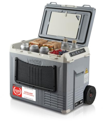 TZS First Austria - Kompressor-Kühlbox 40L - Energieklasse B - Kühlung bis -20°C - App per Bluetooth - 12/24V & 230V - USB-Ausgang - Trolley & Vollzubehör – Grau