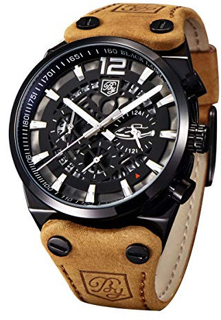 BENYAR Herrenuhr Chronograph Quarz Skelett Militär Herren Sport Outdoor Uhr Großes schwarzes Zifferblatt Braunes Leder