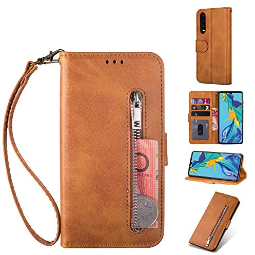 ZTOFERA Hülle für Huawei P30 Pro, Magnetisch Folio Flip Wallet Leder Standfunktion Reißverschluss schutzhülle mit Trageschlaufe, Brieftasche Hülle für Huawei P30 Pro - Braun