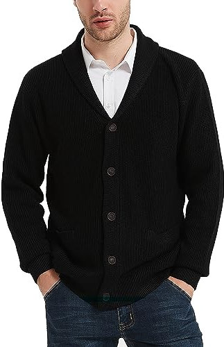 Kallspin Herren Wollschal-Kragen Strickjacke mit Knöpfen und Taschen(Schwarz, M)