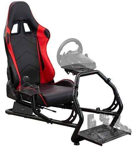 VIVO Racing Simulator Cockpit with Wheel Stand, Gear Mount, Chair and Frame Only, Fits Logitech, Thrustmaster, Fanatec, Compatible with Xbox One, Playstation, PC Video Game, Red Stripe, STAND-RACE1B
