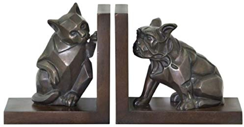 Casa Padrino Luxus Buchstützen Set Katze & Hund Bronze/Braun 18 x 18 x H. 10 cm - Deko Bronzefiguren mit Holzsockel
