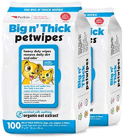 Petkin Pet Wipes for Dogs and Cats - 200 Large Wipes, Cleans Ears, Face, Butt, Body, Eyes - Ideal for Home or Travel - 2 Packs