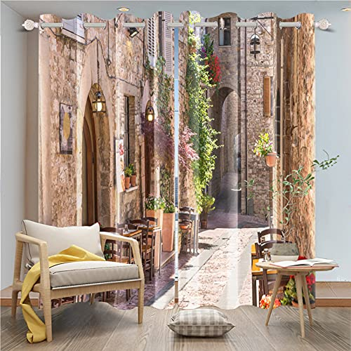 DORCEV Vorhänge im italienischen Stil, Straßenlandschaft in der Provinzstadt der toskanischen Althof, Italien, Café, Stühle, Verdunkelungsvorhänge für Wohnzimmer, Schlafzimmer, 107x213 cm, 2 Vorhänge