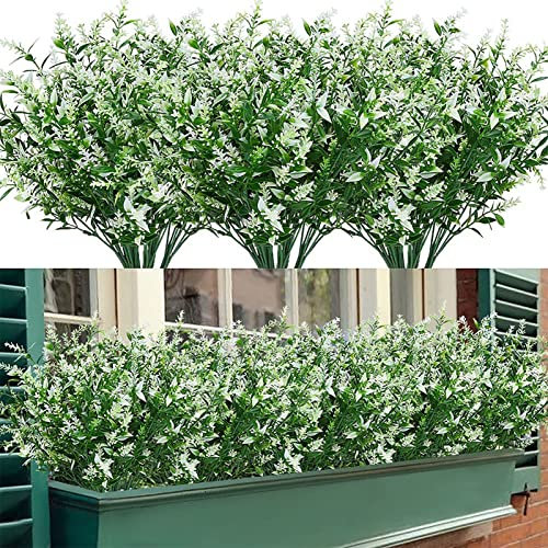 Mnixy 12 Bundles Artificial Flowers Outdoor Artificial Flowers UV Resistant Shrubs Plants Hanging Planter Home Wedding Porch Window Garden Decor (White)