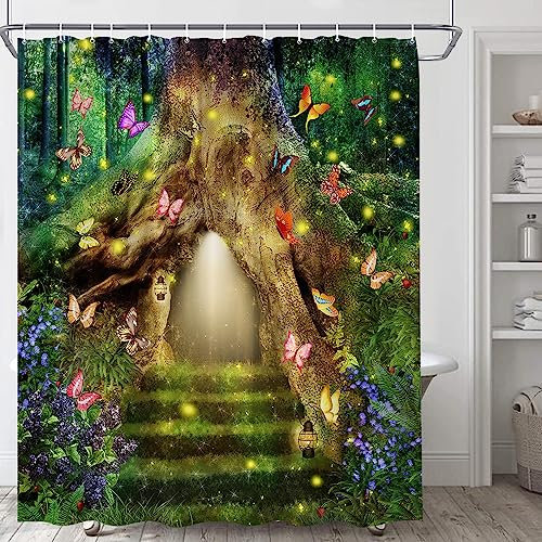 Enchanted Forest Shower Curtain Fairy Tales Magic Tree House Butterfly Spring Green Tree Meadow Butterfly Elf Halloween Night Country Nature View Bathroom Polyester Fabric Curtain with Hooks