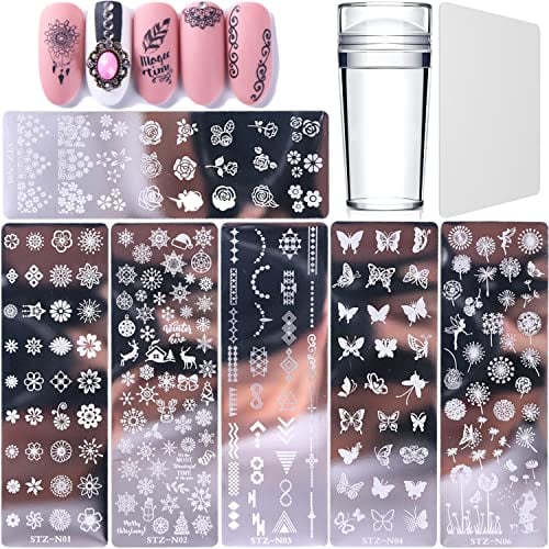 Nail Art Plates, 6 Stück Nail Stamping Plate, Nagel Stamping Schablonen, mit 1 Stück Transparent Stempel, 1 Stück Schaber, Nail Art Tool für Frauen Mädchen