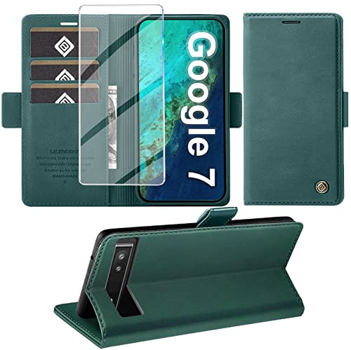 Handyhülle für Google Pixel 7 Hülle mit Schutzfolie, Pixel 7 mit Standfunktion Kartenfach Wallet Premium Leder Schutzhülle Pixel 7 5G Flip Case Cover Stoßfeste Klapphülle (grün)