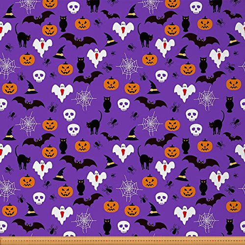 Halloween Stoff Meterware Gruselnacht Polsterstoff Geister Zuckerschädel Kürbislaterne Fledermaus Spinnennetz Dekorationsstoff Gothic Karikatur Katze Drinnen Draußen Stoff Lila Orange 276 x 150 (HxB)