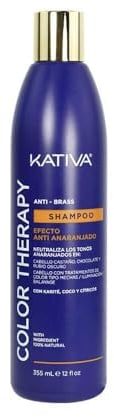 KATIVA Color Therapy Anti-Brass| Champú Matizador Azul Efecto Anti-Anaranjado 355 ml | Karité, Coco y Cítricos | Sin Sal, Sulfatos Ni Parabenos | Cabello Castaño Claro o Rubio Oscuro