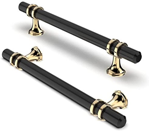 FURNIWARE Pack of 10 Cabinet Handles, Hardware Drawer Pulls, Zinc Alloy + Aluminum Kitchen Cabinet Door Handles Pull, 128mm(5 Inch) Hole Center Gold + Black