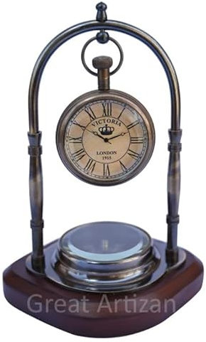 Victoria London Antique Analog Desk & Shelf Clock With Compass And Wooden Base, Vintage Look Victoria London 1915 Nautical Ship Clock.