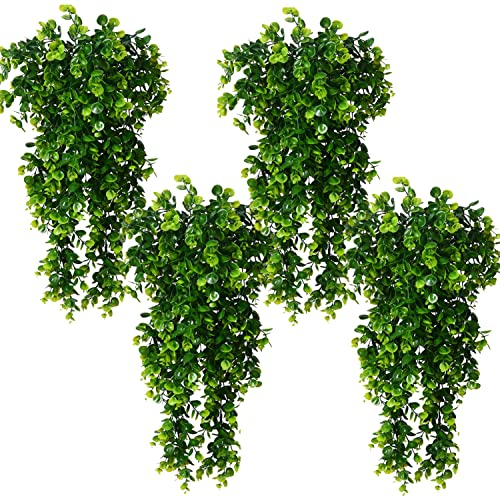 Toprooms 4 Stück künstliche Hängepflanze, künstliche Eukalyptusblätter, grüne Rankenpflanze, künstliche Pflanzen, Efeu, Raumdekoration, UV-beständige Kunststoffpflanze