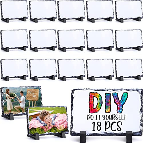 Sabary 18 Stück Sublimationsdruck, blanko, Schiefer, Steinstein, Großpackung Bilderrahmen, kommerzielle Plakette mit Präsentationsständer, Dekoration für Desktop-Souvenir, Hochzeit, Valentinstag,