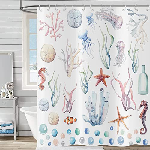 Hnmdmyi Duschvorhang Nautischer Küsten 180x180, Quallen Seestern Seepferdchen Ozean Thematische Badewanne Vorhang Koralle Tropische Fische Strand Wasserdicht Polyester Stoff Waschbar Badevorhang