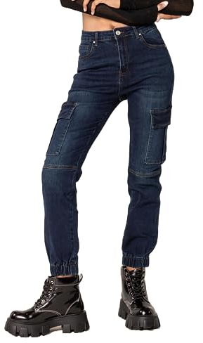Nina Carter P219 - Jean cargo pour femme - Taille haute - Coupe décontractée - Bas de jambes élastiques - Look usé, Bleu foncé (P219-2), XL