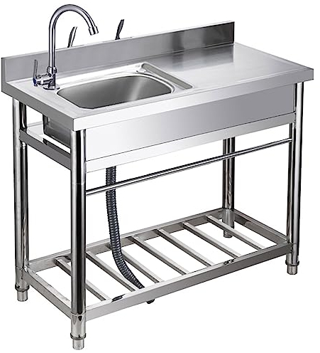 Fregadero de acero inoxidable para exteriores con plataforma de mano izquierda, fregadero de cocina de jardín al aire libre, con escurridor y grifo, estante, para restaurante, cocina y hogar