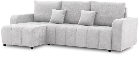 Mebligo - Ecksofa mit Schlaffunktion und Bettkasten Modena, 237 cm Breit, Wohnzimmer Eckcouch Universell - Rechte oder Linke Seite Couch, Eckcouch mit Bettfunktion Modena - Sofa Hellgrau (Abriamo 05)