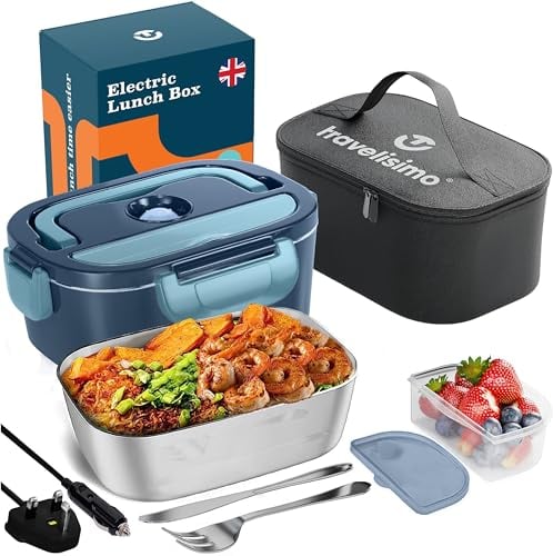 TRAVELISIMO Gamelle Chauffante 80W Lunch Box Chauffante 1,5L Marmite Electrique 3 en 1 220V 24V 12V, Boite Chauffante Repas, Gamelle Chauffante Allume Cigare, Réchauffe Plat Electrique, Boîtes-Repas