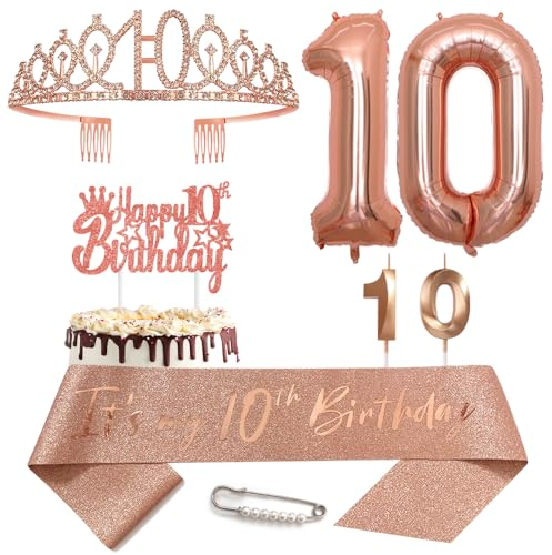 10. Geburtstags Krone Schärpe für Mädchen Kristall Queen Tiara Princess Crown 10 Jahre Geburtstag Tortendeko 10 Geburtstagskrone Geburtstagsschärpe Girls Geburtstagsgeschenk Helium Ballons Zahl 10
