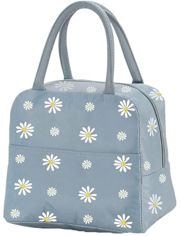 Lunch Bag, Insulated Lunch Bag Cooler Bag Portable Thermal Lunch Bags Organizer Tote Bag for Women Adults Kids Work School Picnic (Daisy Grey Blue)