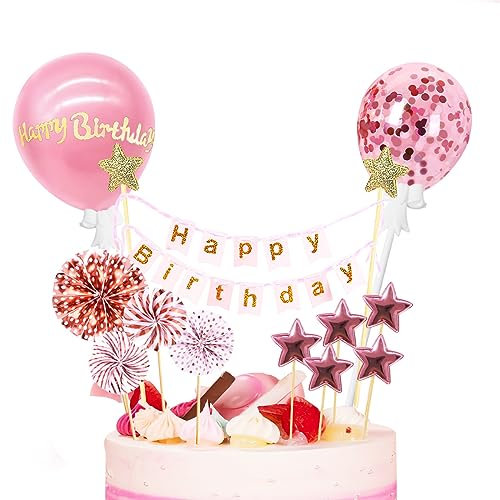 Rose Gold Cake Topper Decoration with Happy Birthday, Birthday Cake Topper, Pink Star，Confetti Balloon and Paper Fans for Rose Gold Theme Birthday Party Decor Girl Women