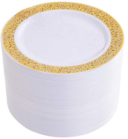 SZHXVIVISY 25 platos reutilizables de plástico dorado de 7,5 pulgadas/10,25 pulgadas, platos de ensaladas reutilizables de plástico duro para entrantes/cenas, platos redondos de plástico