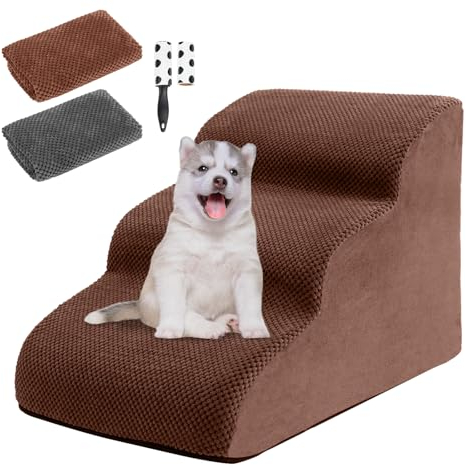 FuzzFables Hundetreppe 3-Stufen, Haustiertreppe für Kleine Haustiere zu Hochbeeten, 30D Schwamm Welpentreppe, Austauschbare rutschfeste Stoffabdeckung,Freundlich zu Kätzchen und Welpen 58x40x40 cm