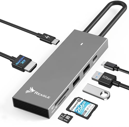 Reagle 7-in-1 USB-C Hub mit 100W Power Delivery, 4K HDMI 60Hz, 144Hz Unterstützung, USB 3.2, Kartenleser für SD/microSD, Aluminiumgehäuse - Ideal für Laptops & Mobilgeräte M1, M2