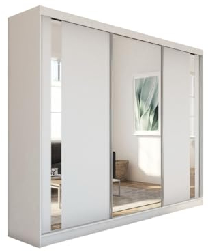 Margaret Hadas24 Kleiderschrank Gabo mit Spiegel, Organizer, Mehrzweckschrank, Schwebetürenschrank, Garderobenschrank, Kleiderstange, Kleiderständer, Flurschrank, Garderobe, Schrank, weiß, 240 cm
