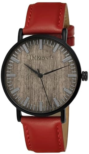 Holzwerk Germany Handgefertigte Flache Designer Unisex Herren-Uhr Damen-Uhr Öko Natur Holz-Uhr Armband-Uhr Analog Klassisch Quarz-Uhr Braun Schwarz Leder-Armband (Rot)
