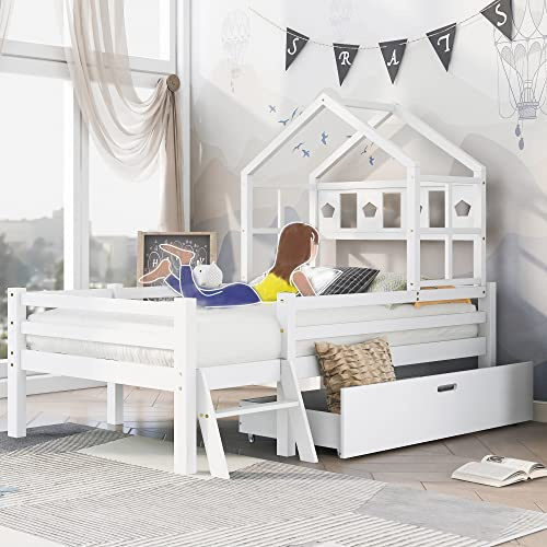 Aoskem Bett 90x200 Einzelbett Kinderbett mit Stauraum Schubladen, Hausbett Holzbett Stauraumbett Jugendbett, mit Leiter, Bettgestell mit Rausfallschutz und Lattenrost, Massivholz, Ohne Matratze, Weiß
