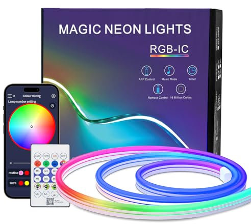 Neon LED Strip 1m, IP67 Wasserdicht RGB LED Band Neon Seil Lampe mit App und Fernbedienung Steuerung, DIY-Formen, Musik Sync für Wohnzimmer, Schlafzimmer, Wand Deko, Gaming Deko