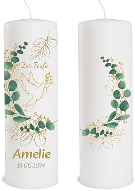 Kerze Taufe individuell mit Name und Zahl als Tischdeko. Tischdekoration Taufe als Geschenk. Liebevolle Kerze Eukalyptus Taube Brenndauer: 55 Stunden, Ø7,8 x Höhe 25 cm