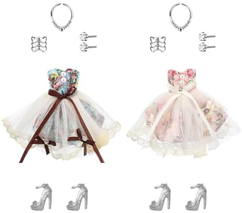 2 Stück Puppenkleidung, Puppenkleider Set mit Puppen Prinzessin Kleid High Heels Halsketten Ohrringe, Kleidung für Puppen, Puppenrock Puppenbekleidung, Puppen Rock für 12 Zoll Mädchen Puppen (A)