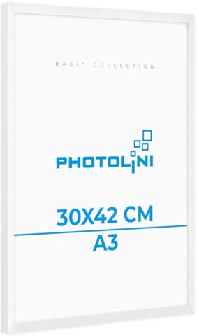 PHOTOLINI Bilderrahmen A3 30x42 cm Weiß, Kunststoff-Rahmen schmal, bruchsicheres Acrylglas, zum Aufhängen, extra Zubehör - Dokumentenrahmen für Urkunden, Zertifikate & Fotos