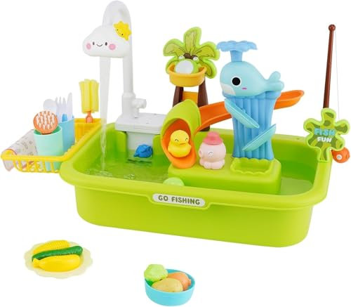 3 in 1 Play Sink with Running Water for Toddler with Electric Faucet,Automatic Water Cycle System with Track & Fishing Game,Pretend Role Play Toys Set,Mini Kitchen Toys for Boys Girls (green)