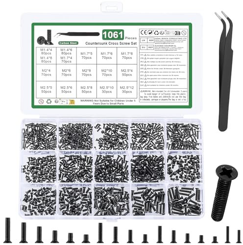 1061 STK M1.4 M1.7 M2 M2,5 Mini Schrauben Set, Kleine Schrauben Set, Senkkopfschrauben Set, Maschinenschrauben Sortiment, Mikro Flachkopf Gewindeschrauben Set für Uhren Computer Brillenschrauben