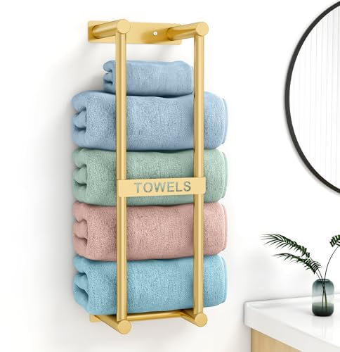 STWWO Handtuchregal Badezimmer Wand Handtuchhalter Golden 56cm Gästehandtuchhalter Wandmontage 3X Große Größen (160x100 cm) Gerollte Handtücher Aufbewahrung für Bad gäste wc