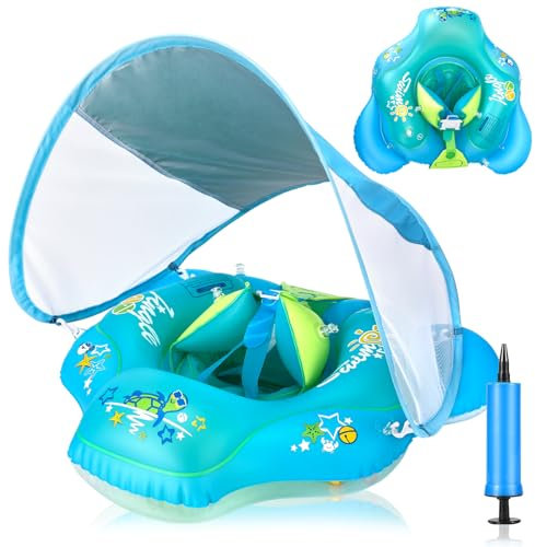 Bouee Bebe, Bouee Bebe avec Pare Soleil SPF 50+, Bouée Enfant Piscine Bouee, Bouée Gonflable pour Enfants Anneau de Natation Bouée Bébé Piscine pour Enfants de 6 à 36 Mois (Bleu)