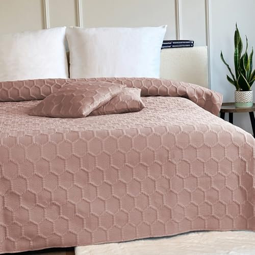 Euromat Tagesdecke Steppdecke Bettüberwurf Gesteppte Zweiseitig Tagesdecke mit 2 Kissenbezüge 40x40 cm- (Puderrosa- Parla 3D, 220x240 cm)