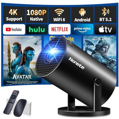 Mini Beamer 4K Projektor Full HD 1080P mit WiFi 6 und Bluetooth 5.2, Android Tragbarer Projektor 270° Dreh mit Automatische Trapezkorrektur für PC/HDMI/USB,mit Maus und Fernbedienung, Schwarz