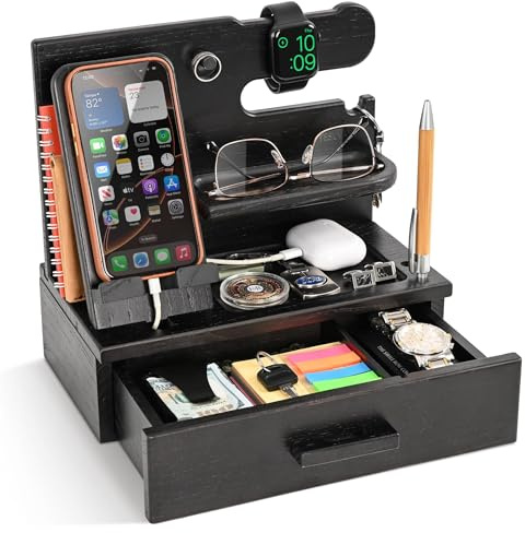 Teslyar Wood Phone Docking Station with Drawer - Nightstand Organizer - Desk Organizer for Husband - Birthday Gifts for Men, Dad, Anniversary Idea, Key Holder Stand Watch & Accessories (Fumed Black)