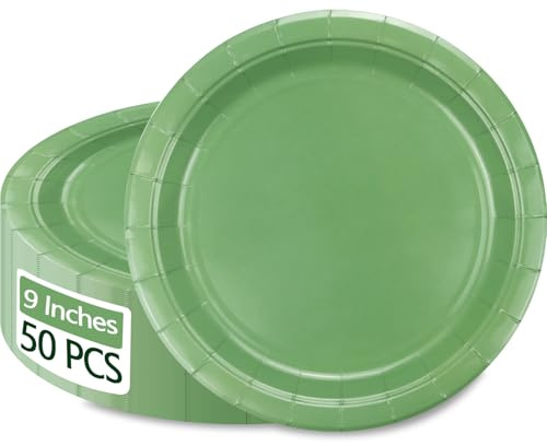 PTECDROTS 50Pcs Sage Green Paper Plates - 9” Round Bulk Dinner Plates for Spring Summer Daily Use Holiday Picnic Celebrations Sage Green Birthday Party Decorations