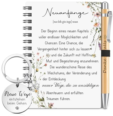 Sinmoe Neuanfang Geschenk A6 Spiral Notizbuch, Wildblumen Eukalyptus | Abschiedsgeschenk Kollegen Jobwechsel, Neuer Job und Ausbildungsbeginn, Kugelschreiber, Glücksbringer Schlüsselanhänger